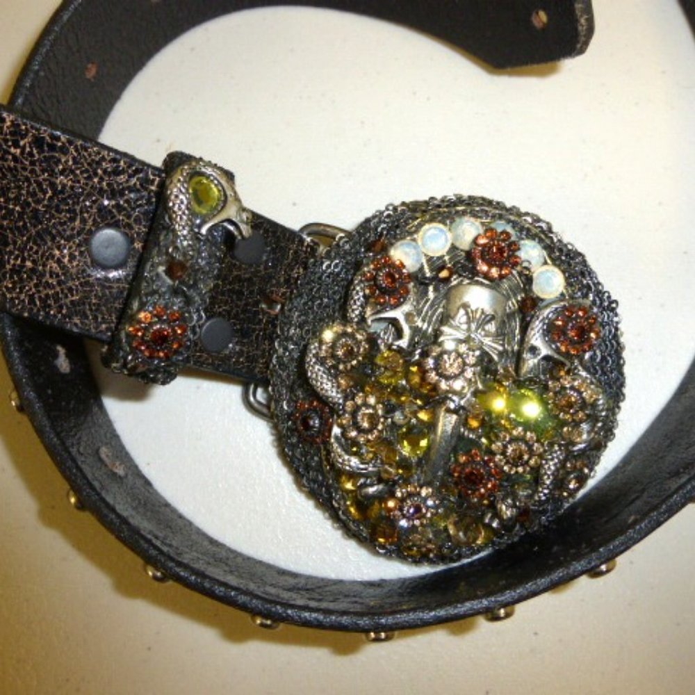 IVY crystal dagger belt rocker leather Italy crystal studded snake silver 32
